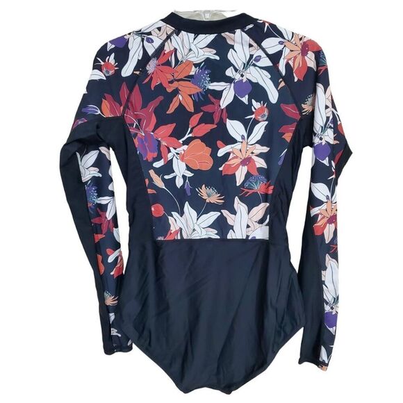 Womens Axesea Swimsuit Size 10 Black Floral Long Sleeve Rash Guard Padded Bust - Picture 2 of 8